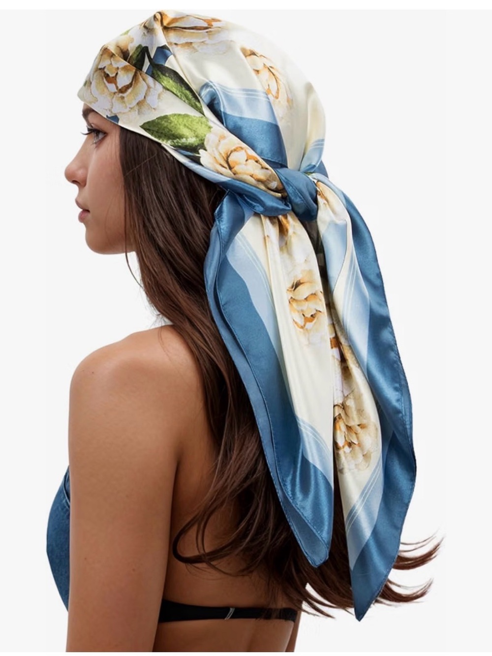 Silk-Feel Floral Headscarf in Blue and Cream